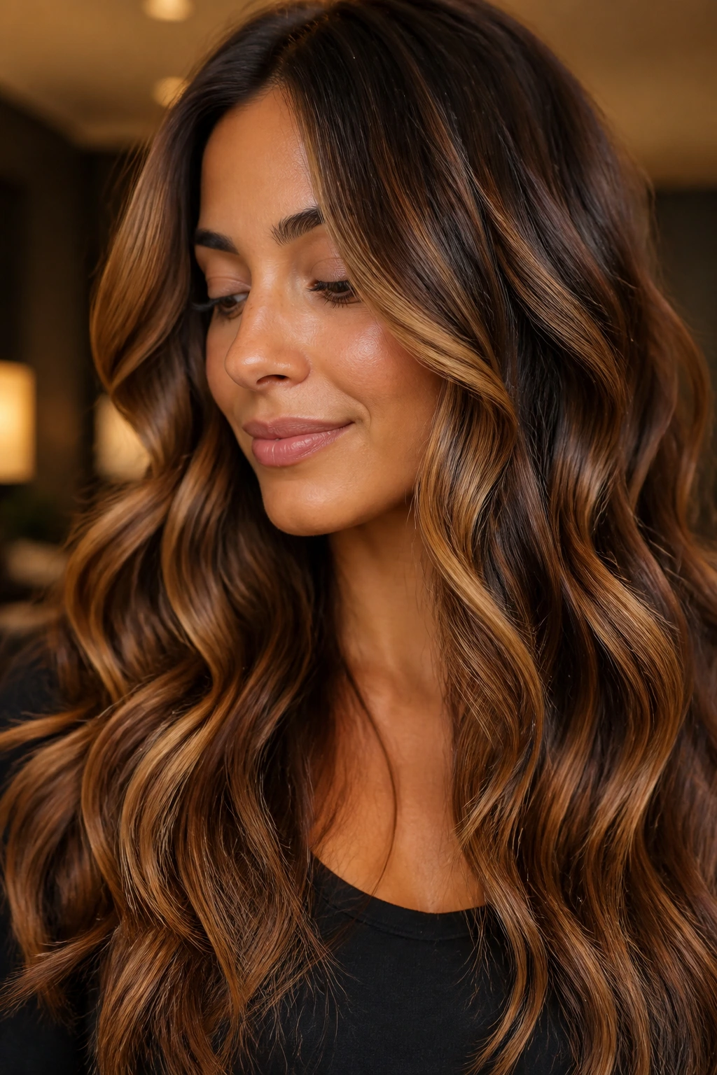 Close-up of medium-skinned woman with maple syrup ribbons in beachy waves.