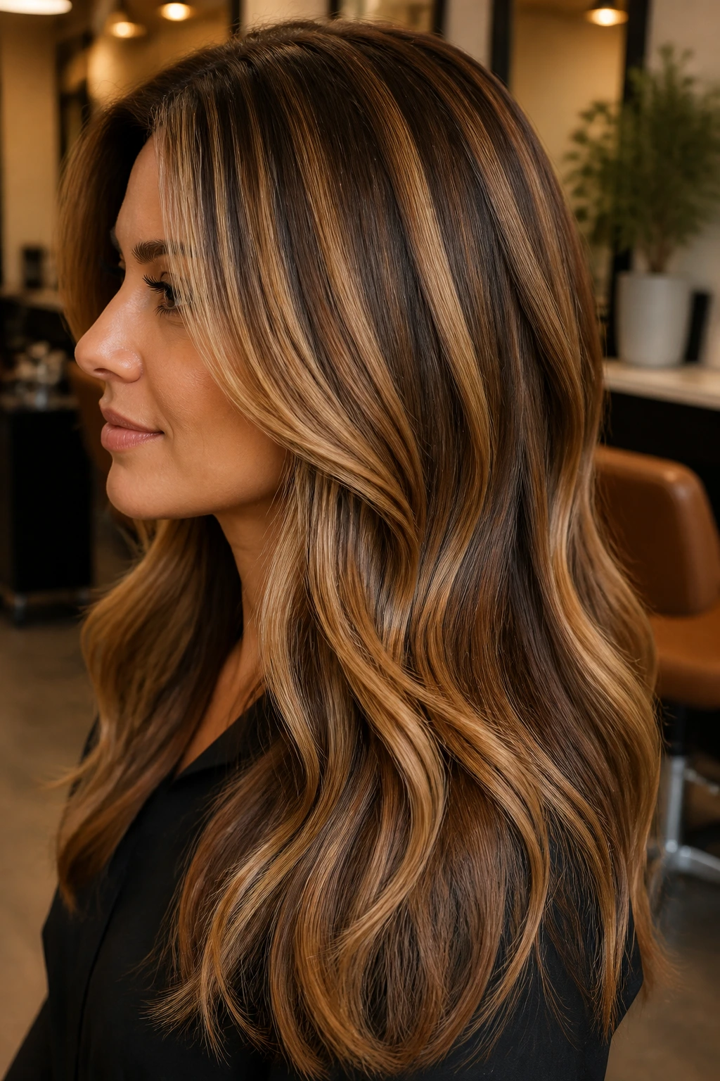 Profile close-up of thick hair with maple toffee panels in warm salon light