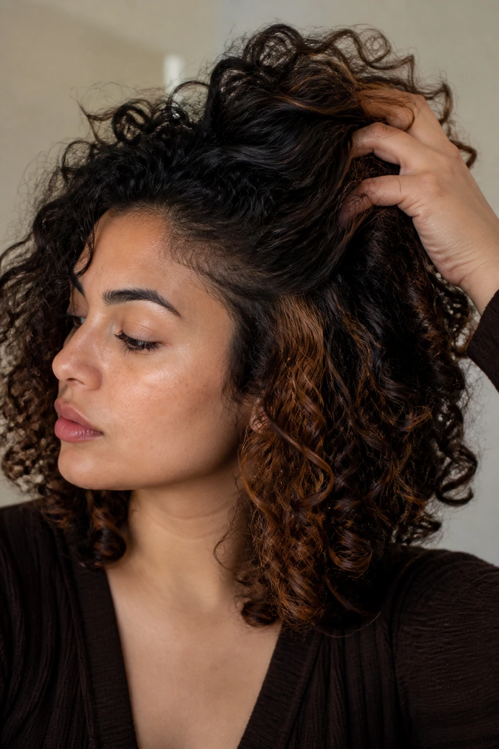 Close-up of thick curly hair with maple underlayers peeking from beneath the top curls.
