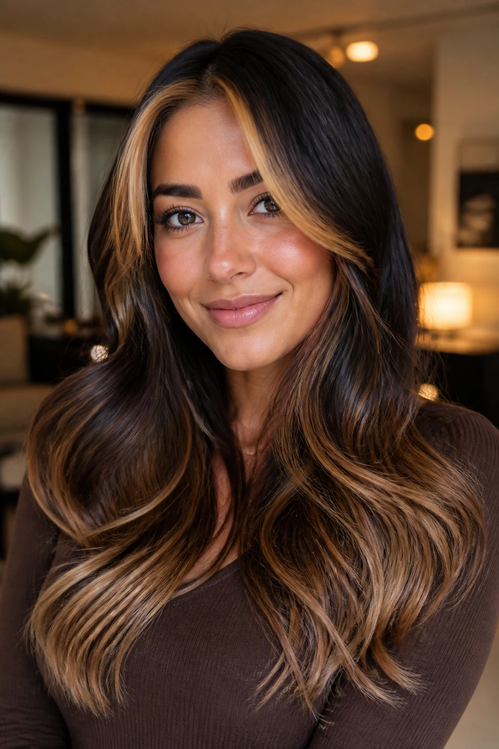 Portrait of a real person with maple money piece around the face and lighter ends in wavy dark hair