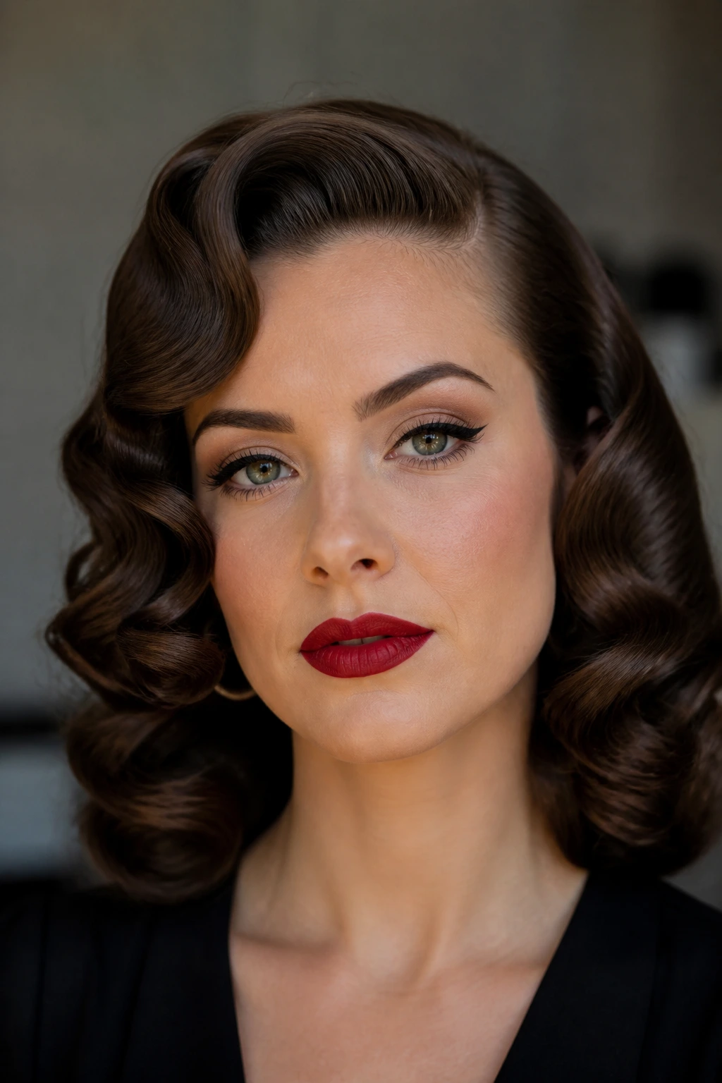 Close-up of a real woman with Marcel-inspired barrel curls