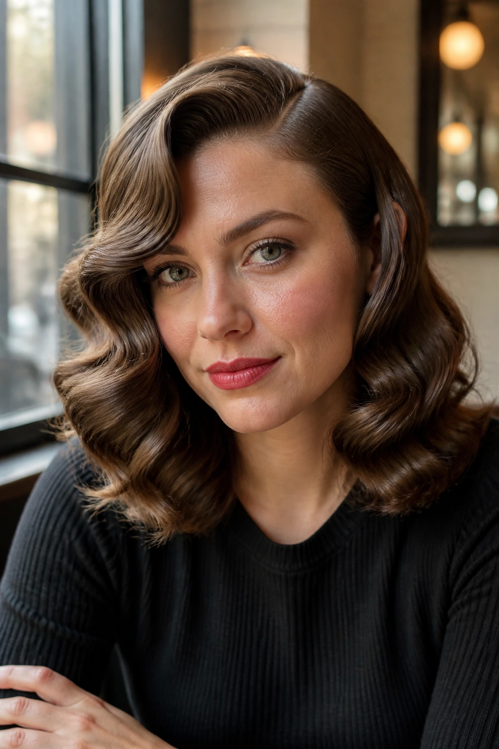 Close-up portrait of a real person with Marcel waves on medium-length hair