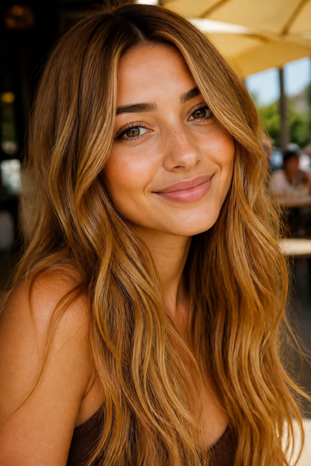 Close-up of a woman with marigold bronde hair in sunlight.