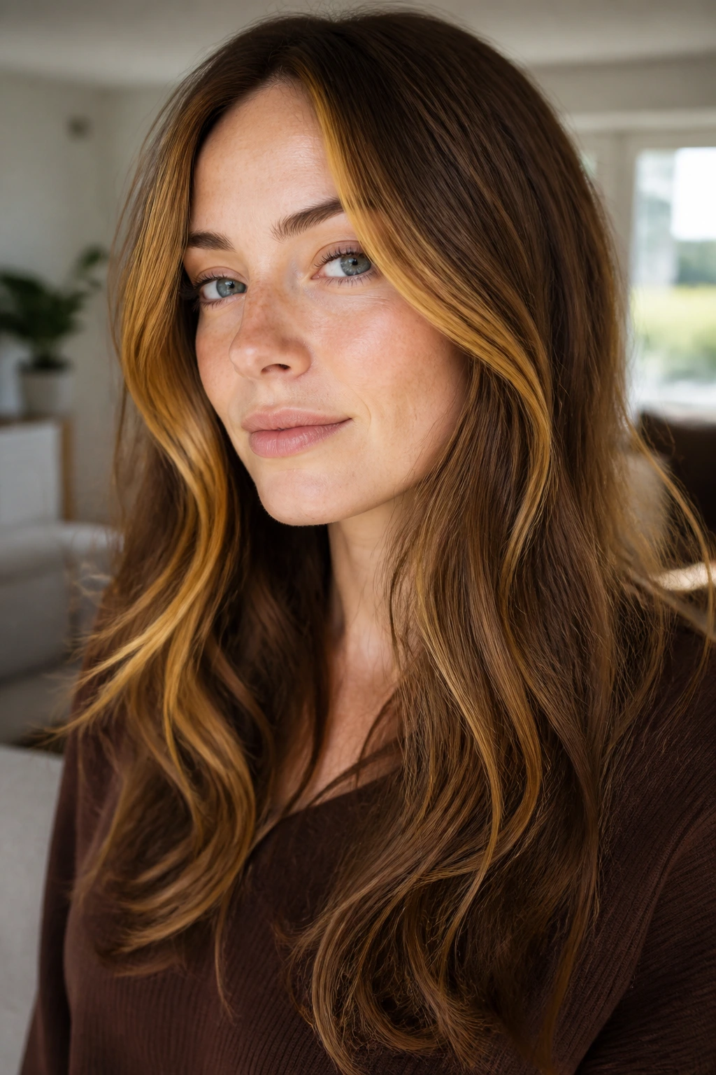 Close-up of a pale-skinned woman with marigold glaze in the brunette hair.