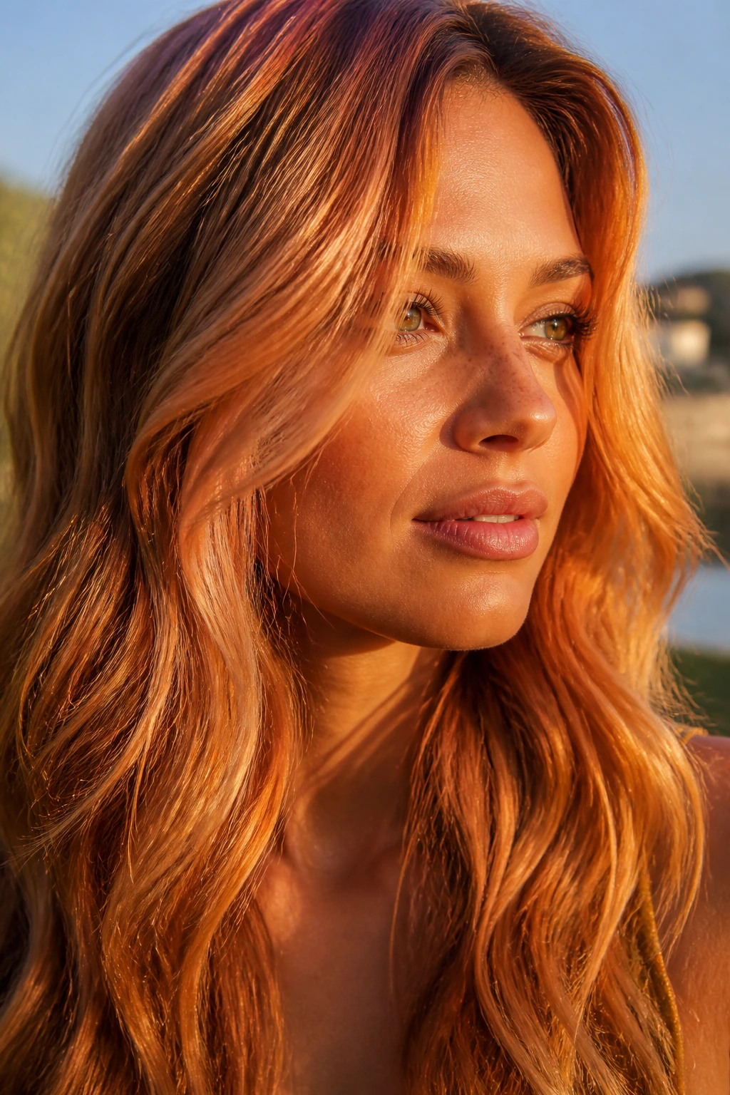 Close-up of a real woman with marigold copper strawberry-blonde hair in warm sunlight