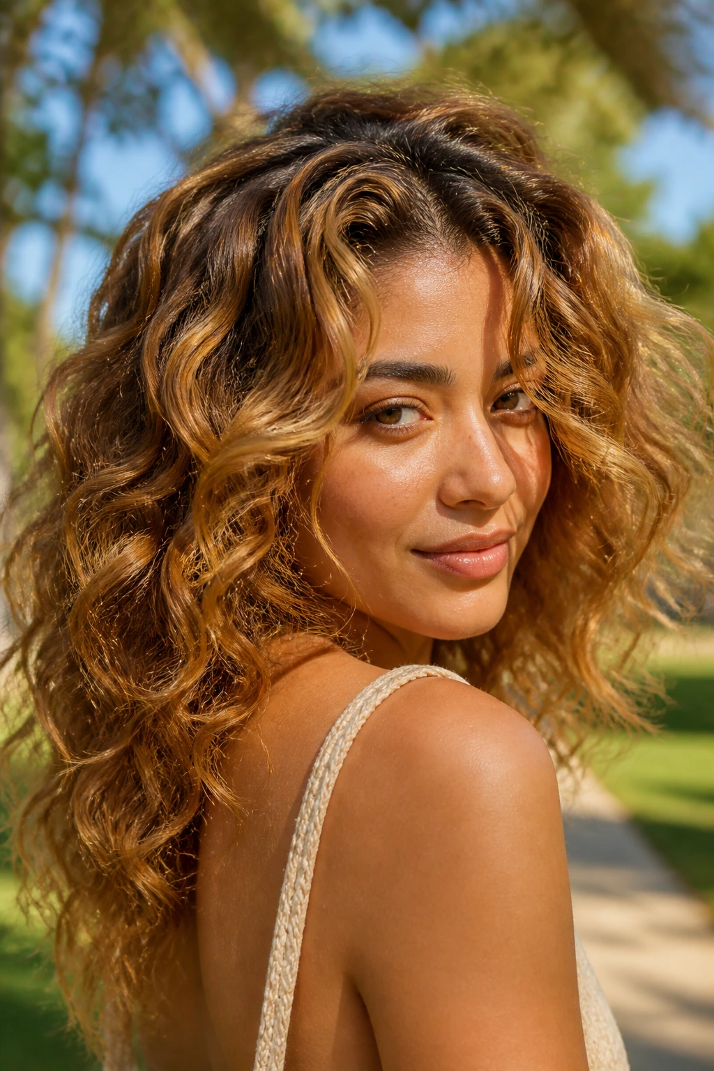 Portrait of a real person with marigold honey highlights on olive skin in sunlit light