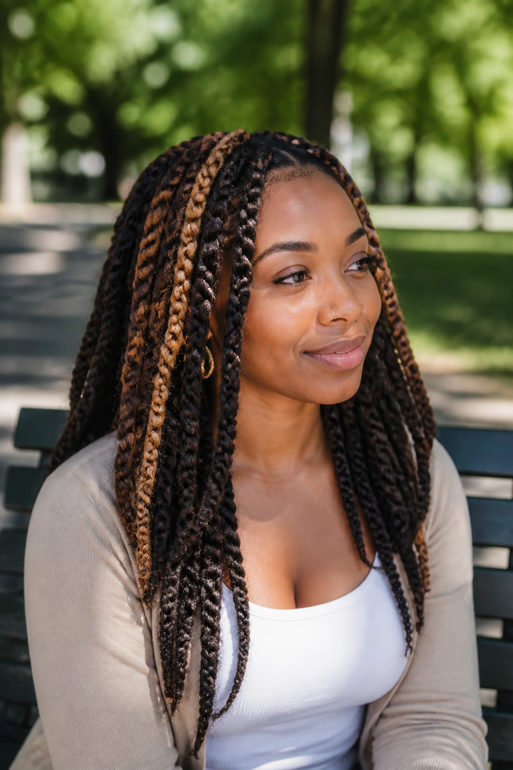 Real woman with Marley twists and chunky caramel highlight panels