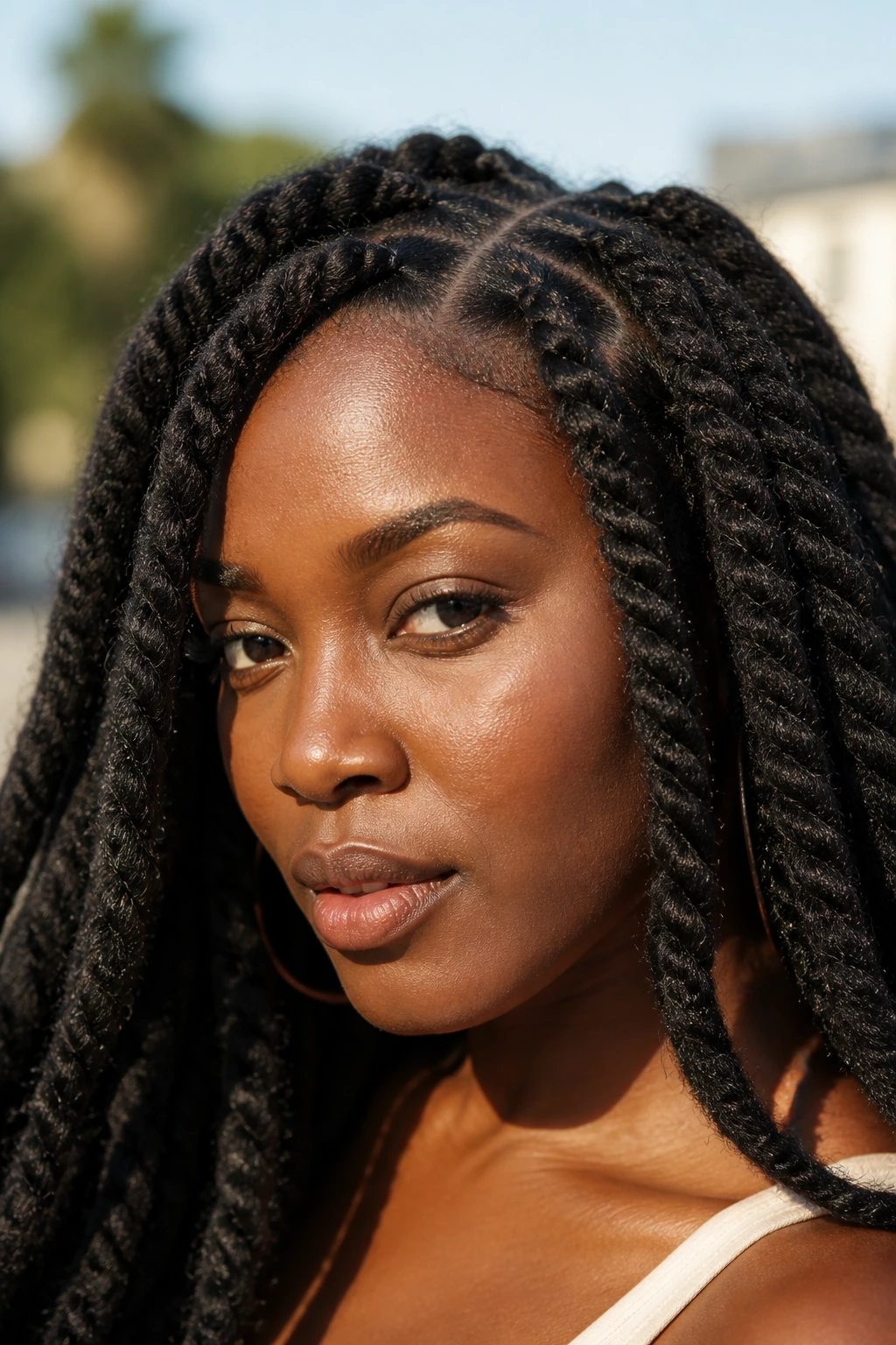 Close-up of a real woman wearing Marley twists with matte rope texture