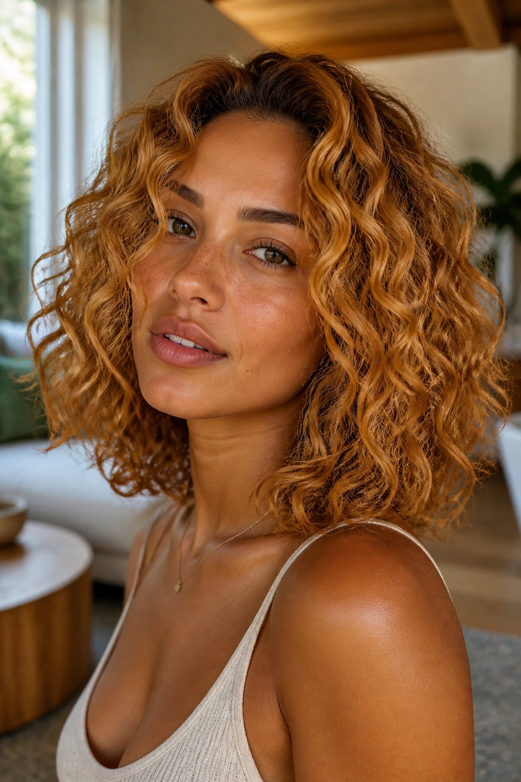Close-up portrait of marmalade blonde curly lob on olive skin in a sunlit living room