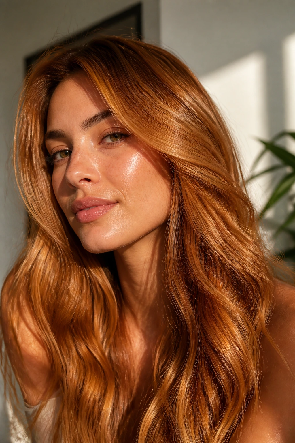 Close-up of a real person with marmalade blonde gloss hair in soft light