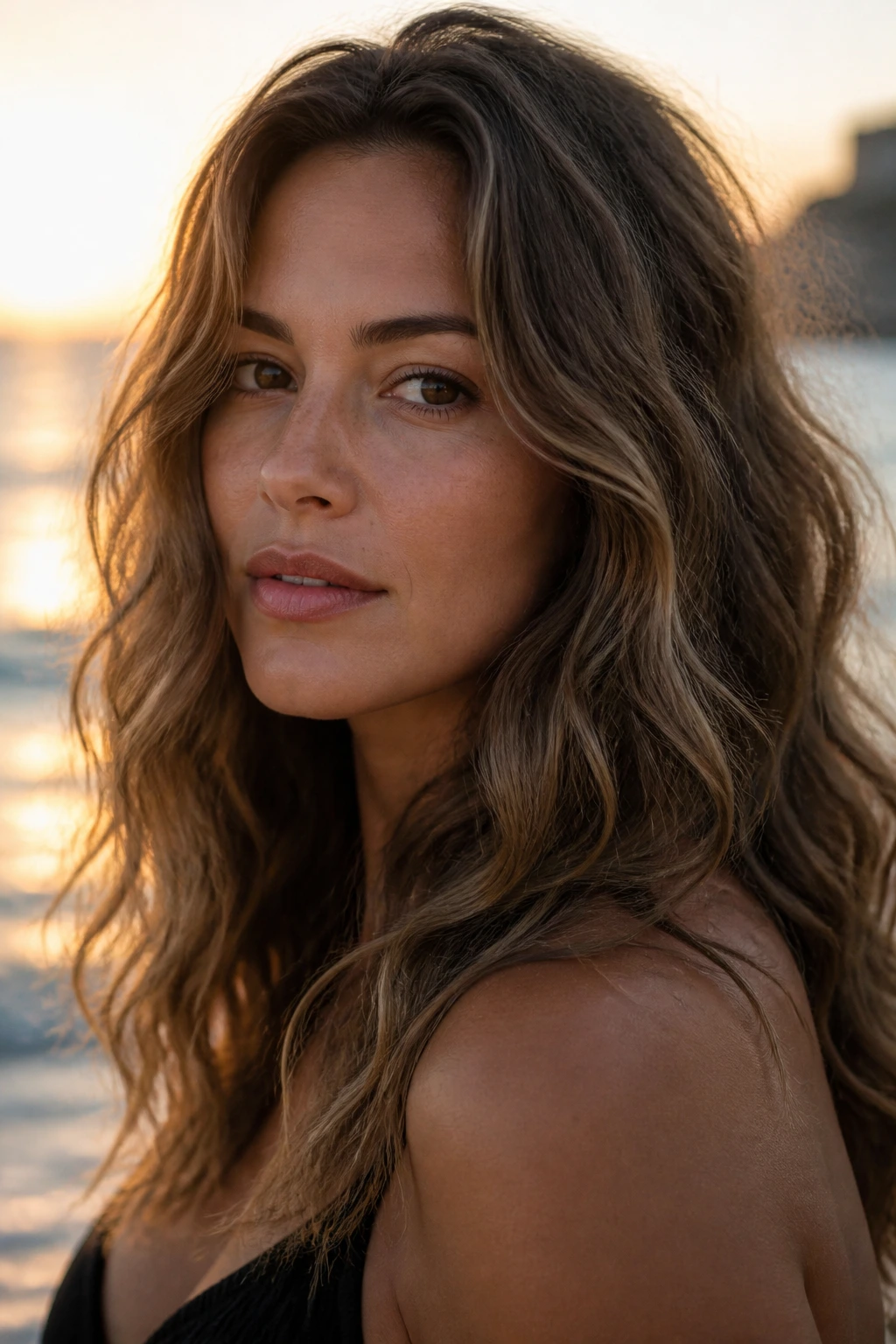 Close-up of a real woman with matte beach waves outdoors at the beach