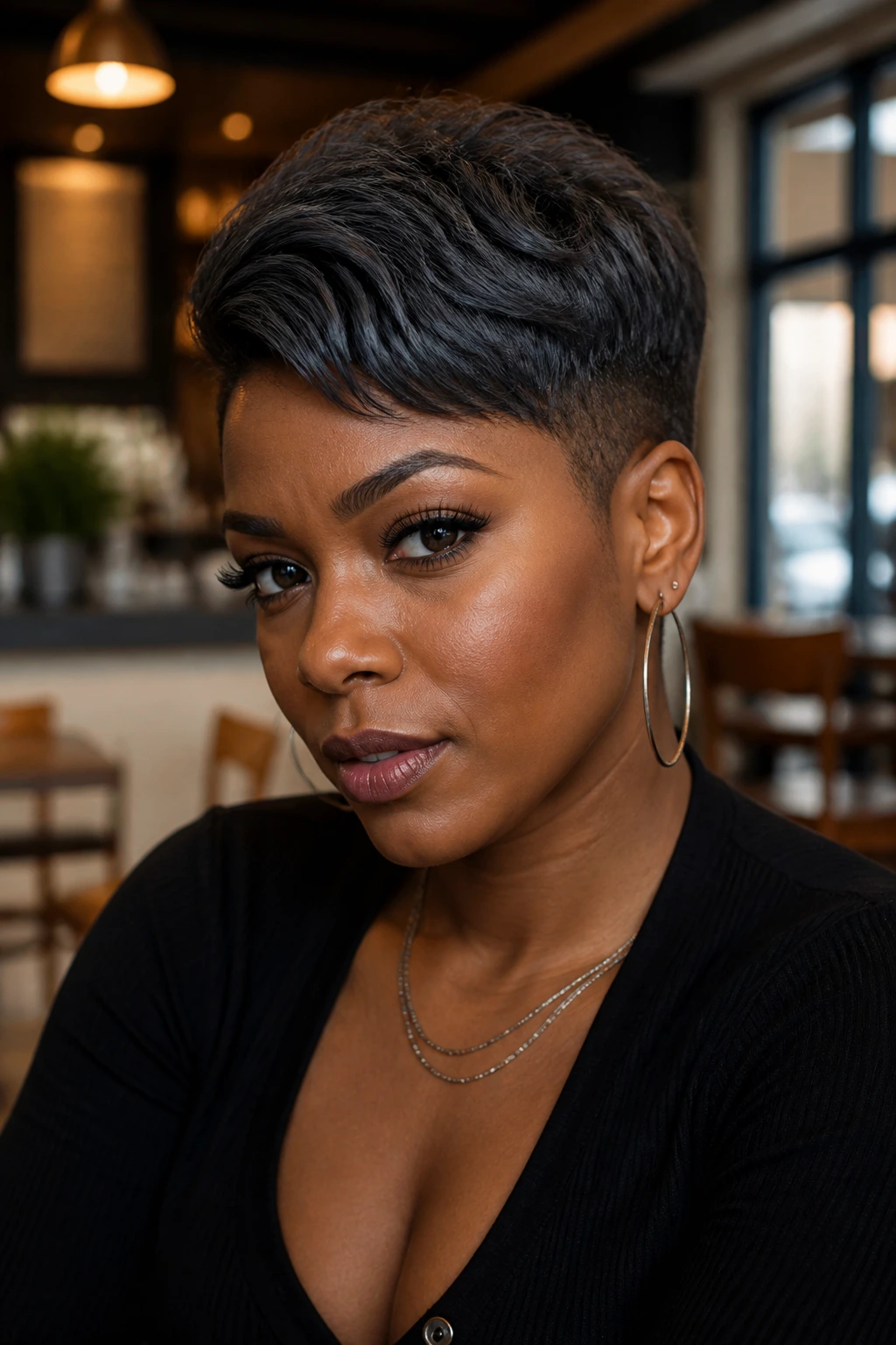 Close-up portrait of a person with matte charcoal pixie hairstyle