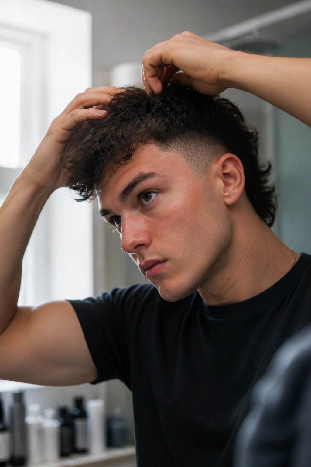 Person styling short fade mullet with matte clay