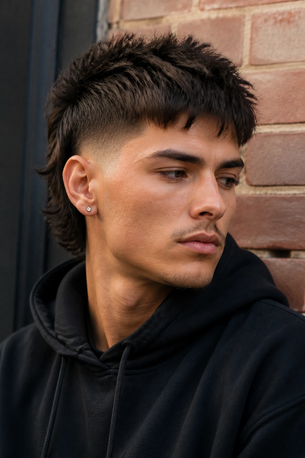 Three-quarter portrait of a man with a messy matte fade mullet in an urban street.