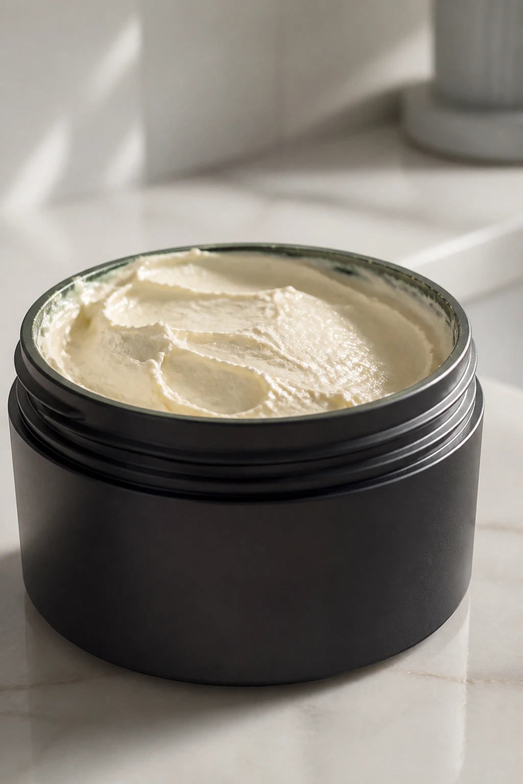 Macro close-up of a plain matte paste jar for fine hair styling