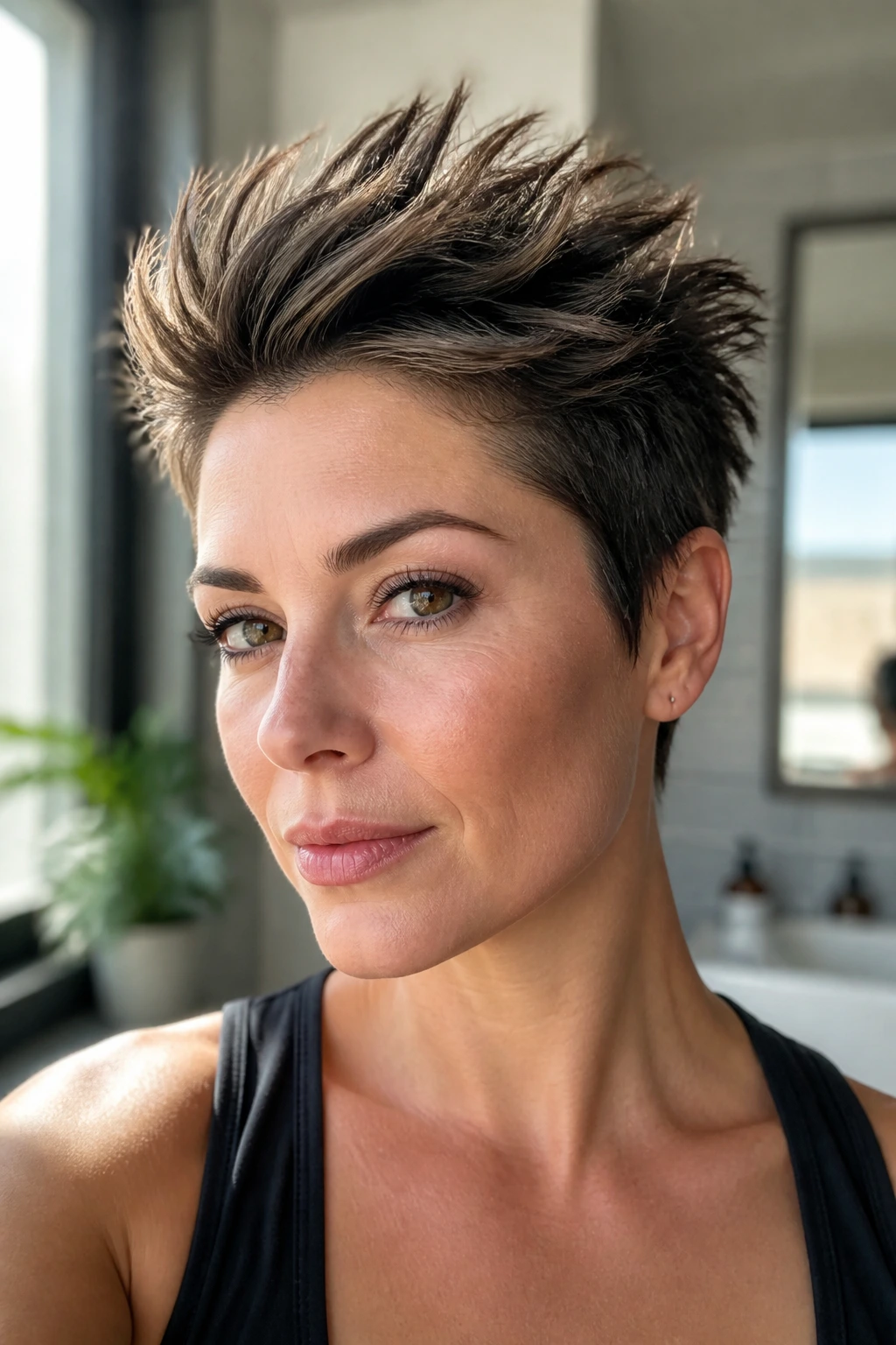 Close-up of a real person with matte spikes and directional lift in short hair under natural window light