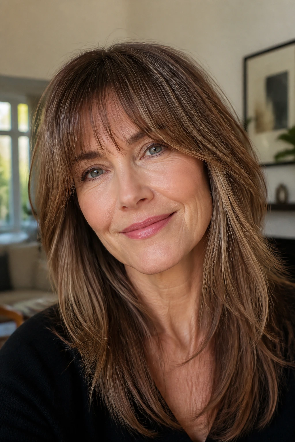 Close-up portrait of a real woman with long layered straight bangs on mature hair