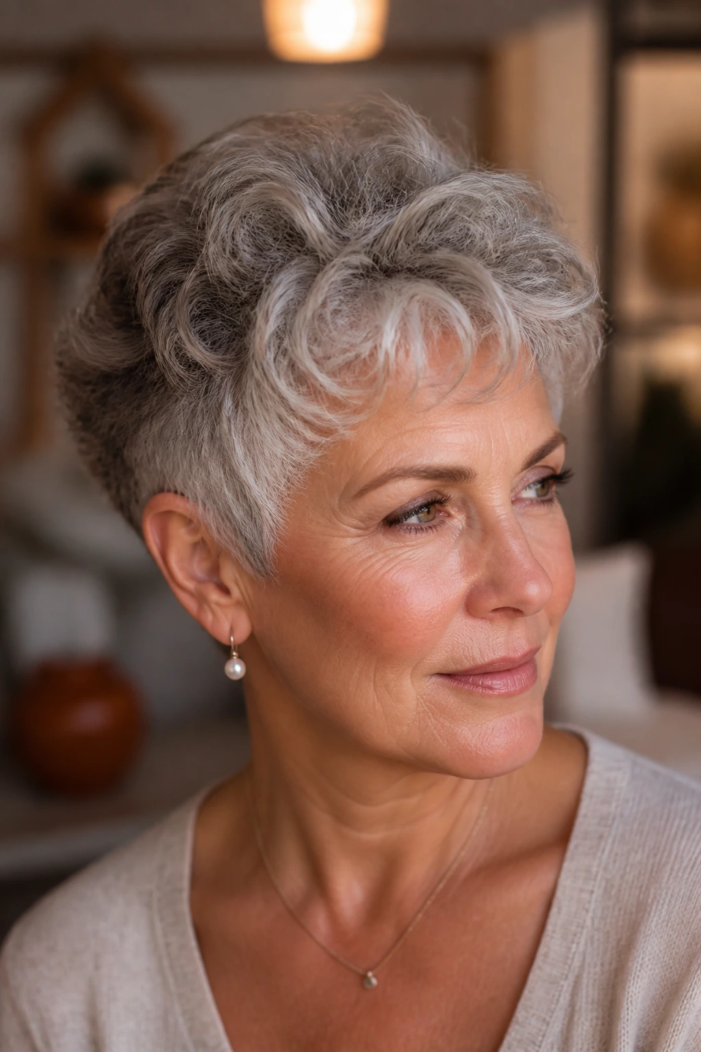 Close-up of an older woman with a curly pixie, silver hair, showing mature hair styling.
