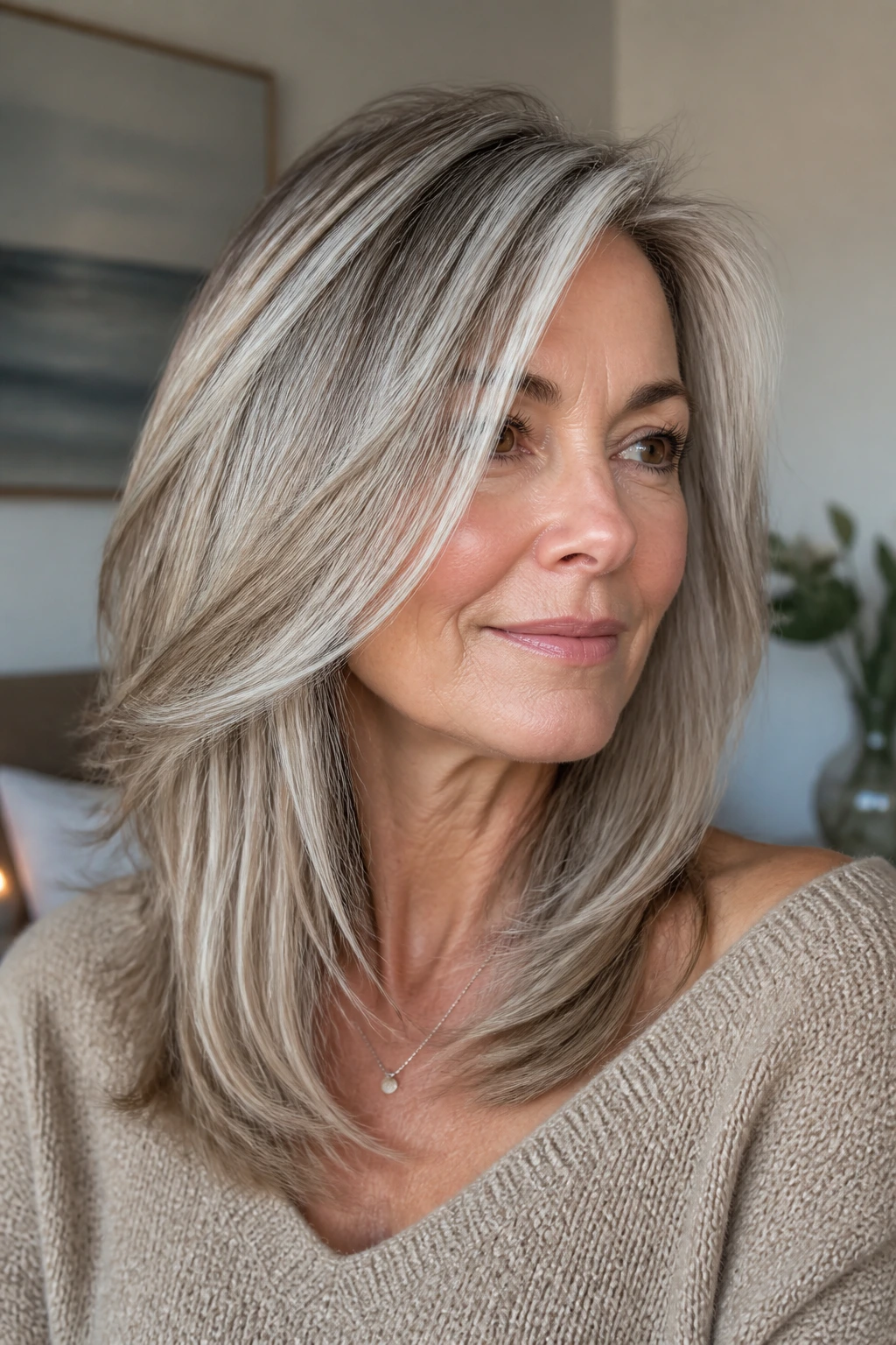 Mature woman with diagonal face-framing layers from cheekbone to collarbone