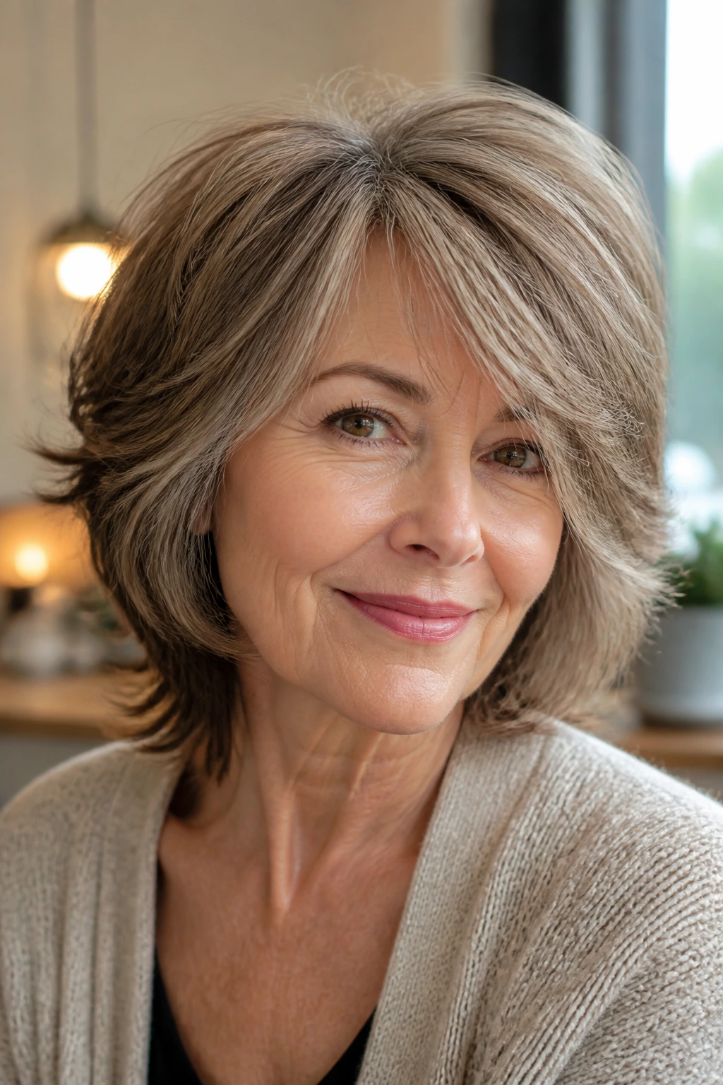 Portrait of a mature woman with side-swept shag showing crown lift in a warm salon setting