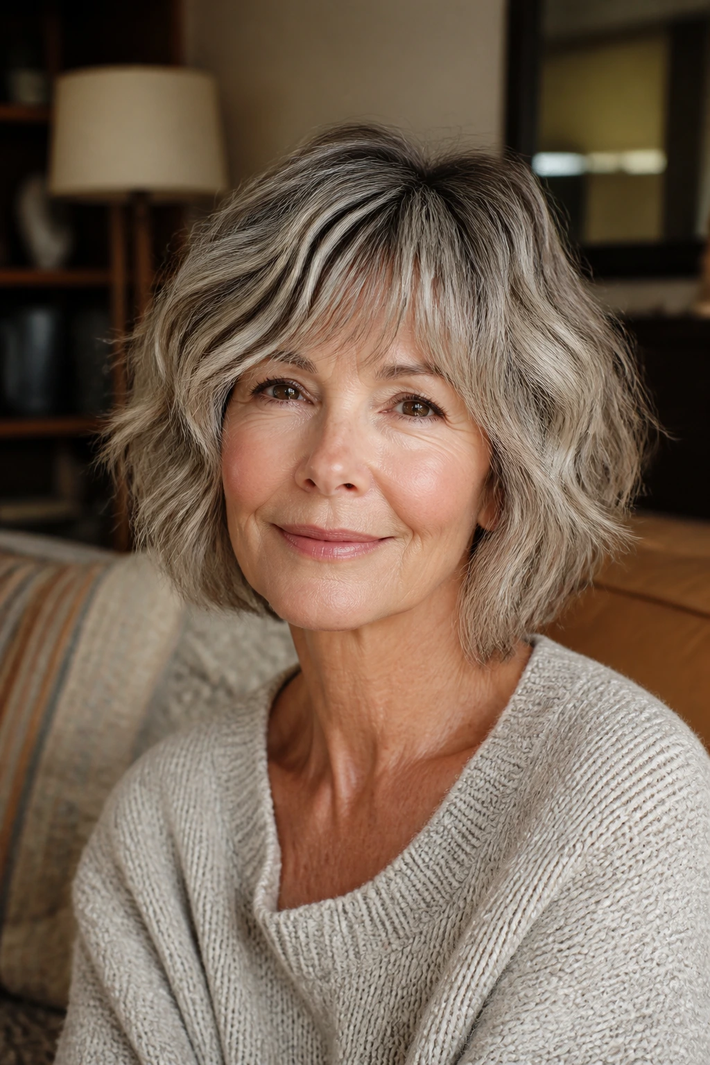 Close-up of an older woman with a flattering wavy bob in a cozy living room.