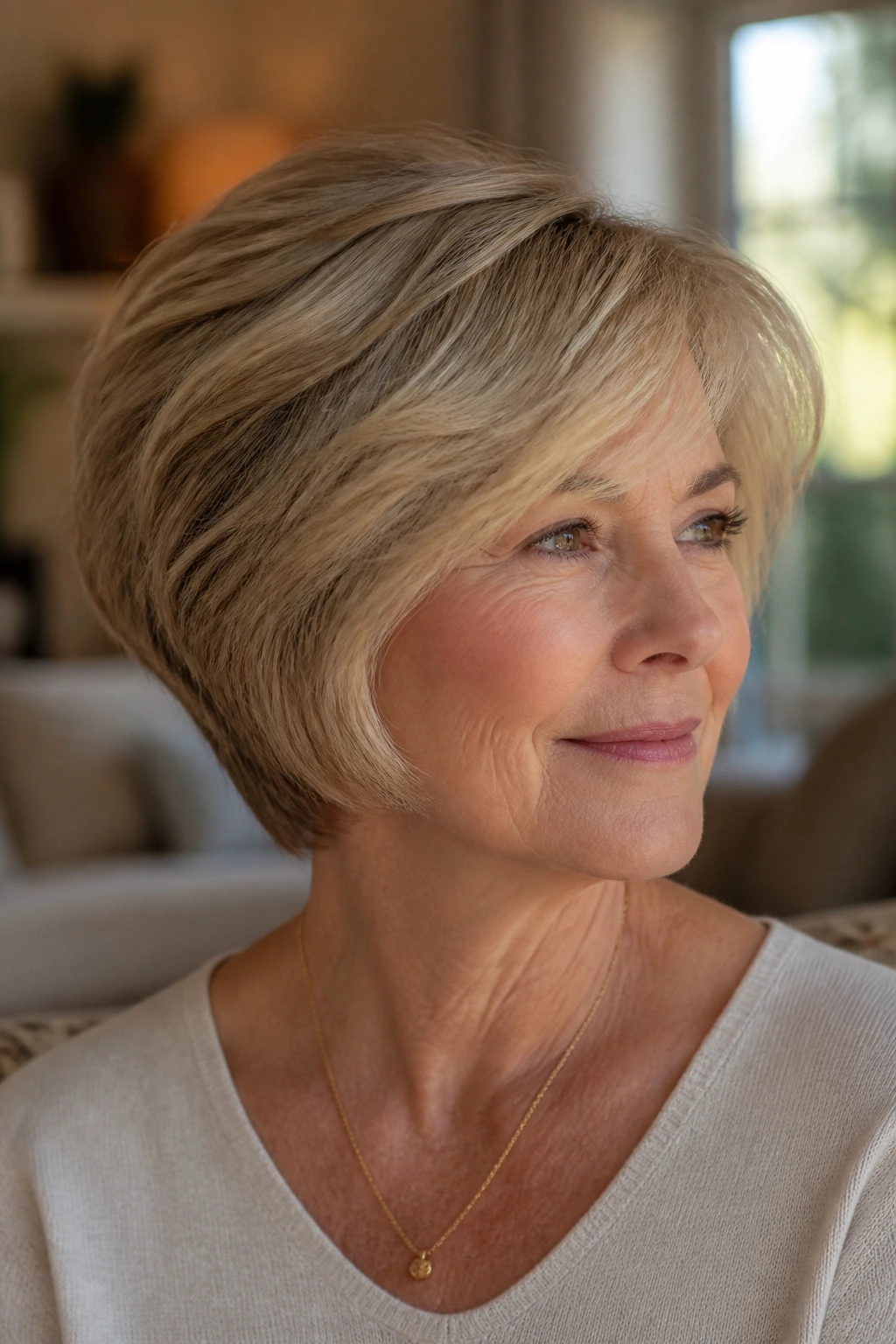 Mature woman with wedge haircut showing flattering shape for aging hair.