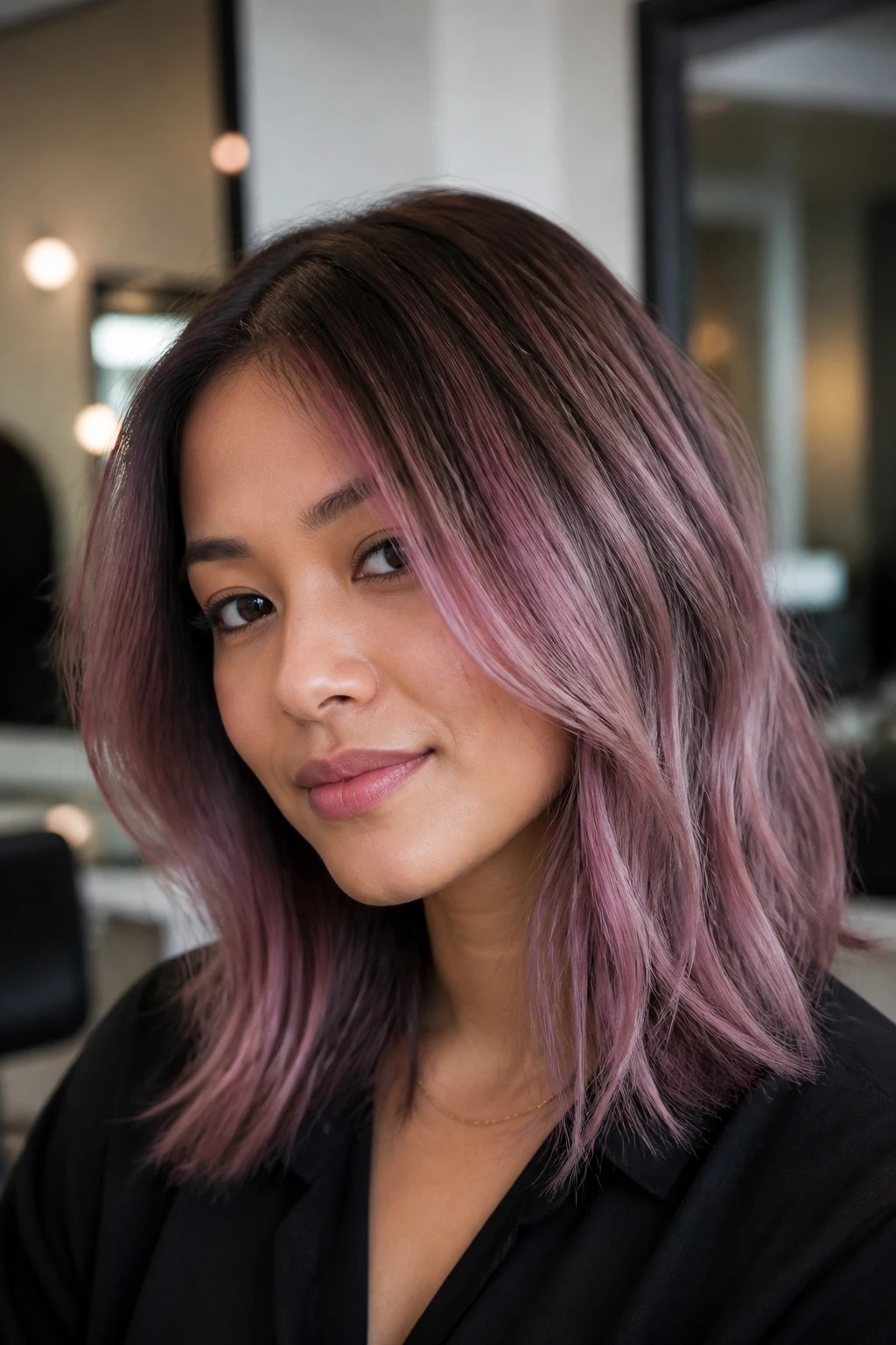 Close-up portrait of a real person with mauve-pink melt on fine hair in a softly lit salon
