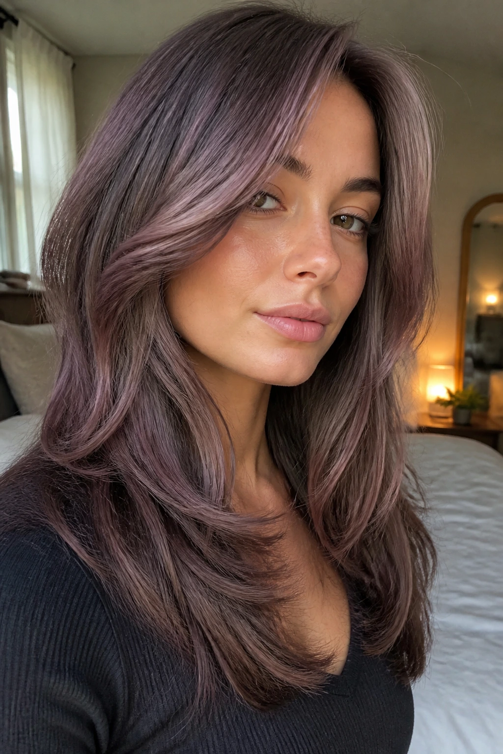 Close-up of a real woman with mauve mushroom layered hair under warm bedroom light