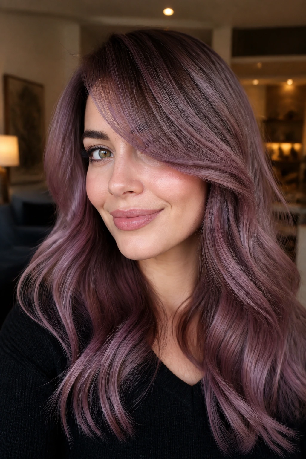 Close-up of a real woman with mauve smoke balayage and side-swept bangs