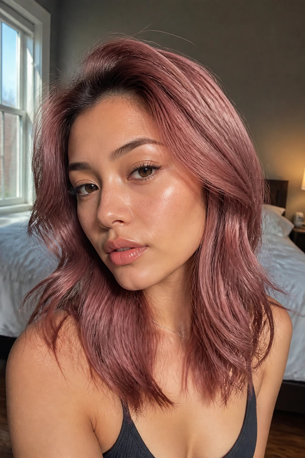 Close-up of hair with mauve strawberry gloss on a real person