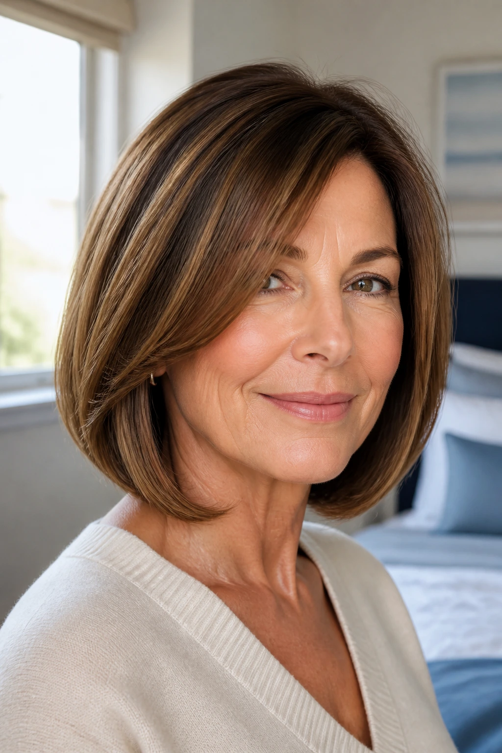 Close-up portrait of a real woman with a sleek medium bob in warm window light