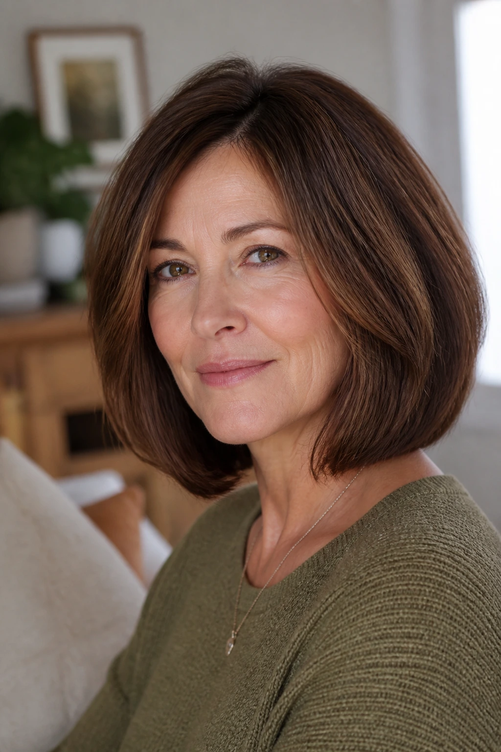 Close-up of a real woman with a thick mid-length bob showing balanced volume and clean silhouette