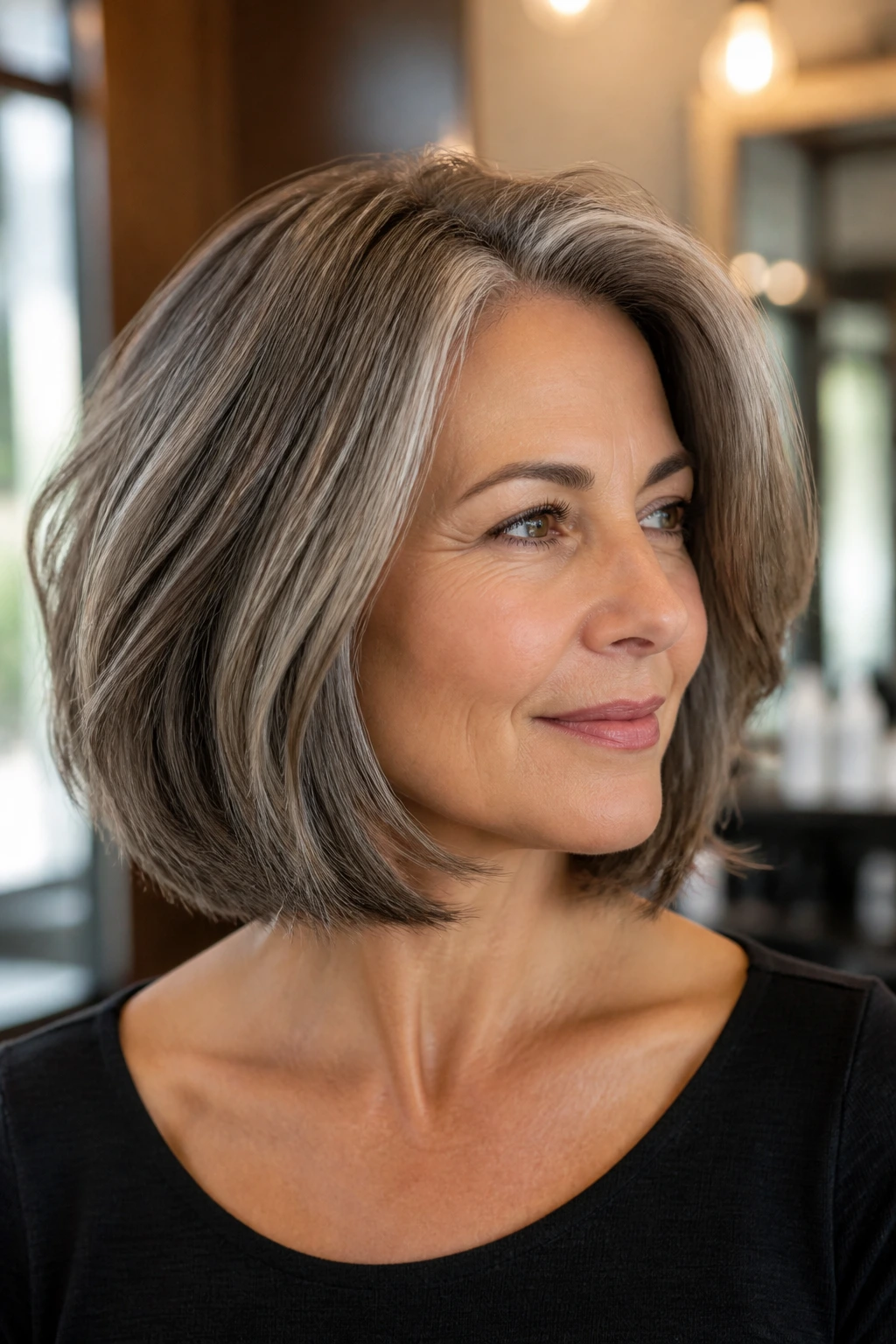 Close-up of a real woman with a medium bob and thick hair in a salon