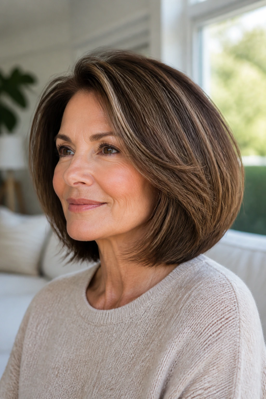 Real woman with a calm medium bob on thick hair in natural daylight