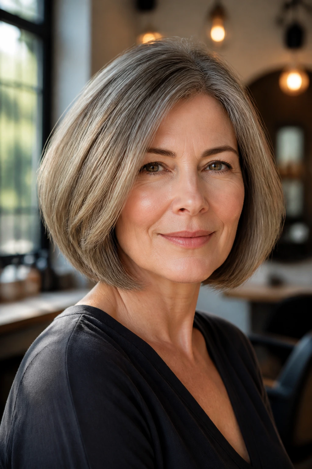 Close-up portrait of a real woman with a thick-haired medium bob, showcasing clean lines and balanced weight