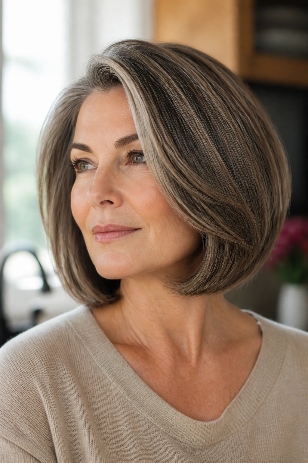 Close-up portrait of a real woman with a medium bob for thick hair
