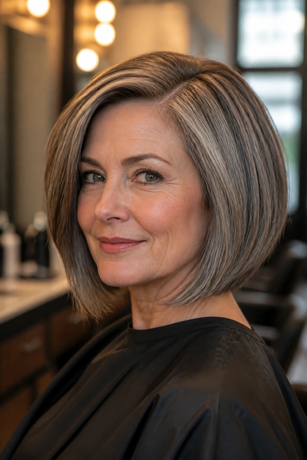 Portrait of a woman with a medium bob featuring subtle crown lift and bevelled ends