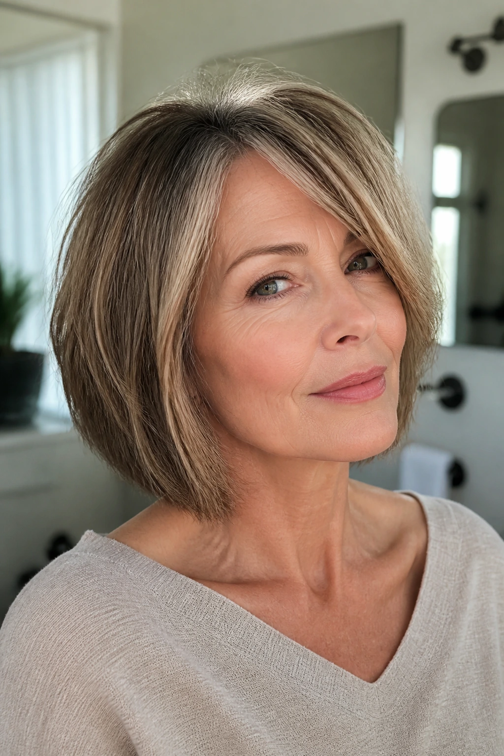 Close-up portrait of a real woman with a day-three medium bob in natural light