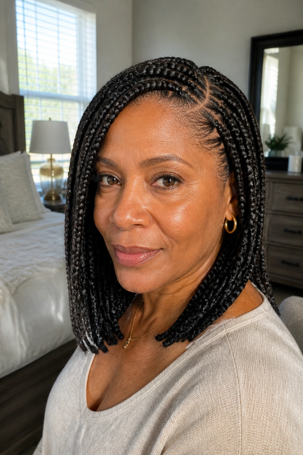Portrait of woman with medium box braids and a soft side part