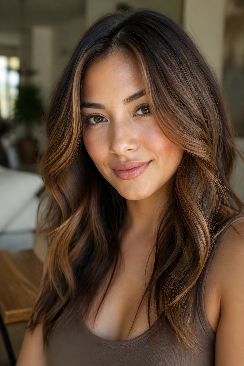 Portrait of a person with medium brown highlights enhancing warm undertones