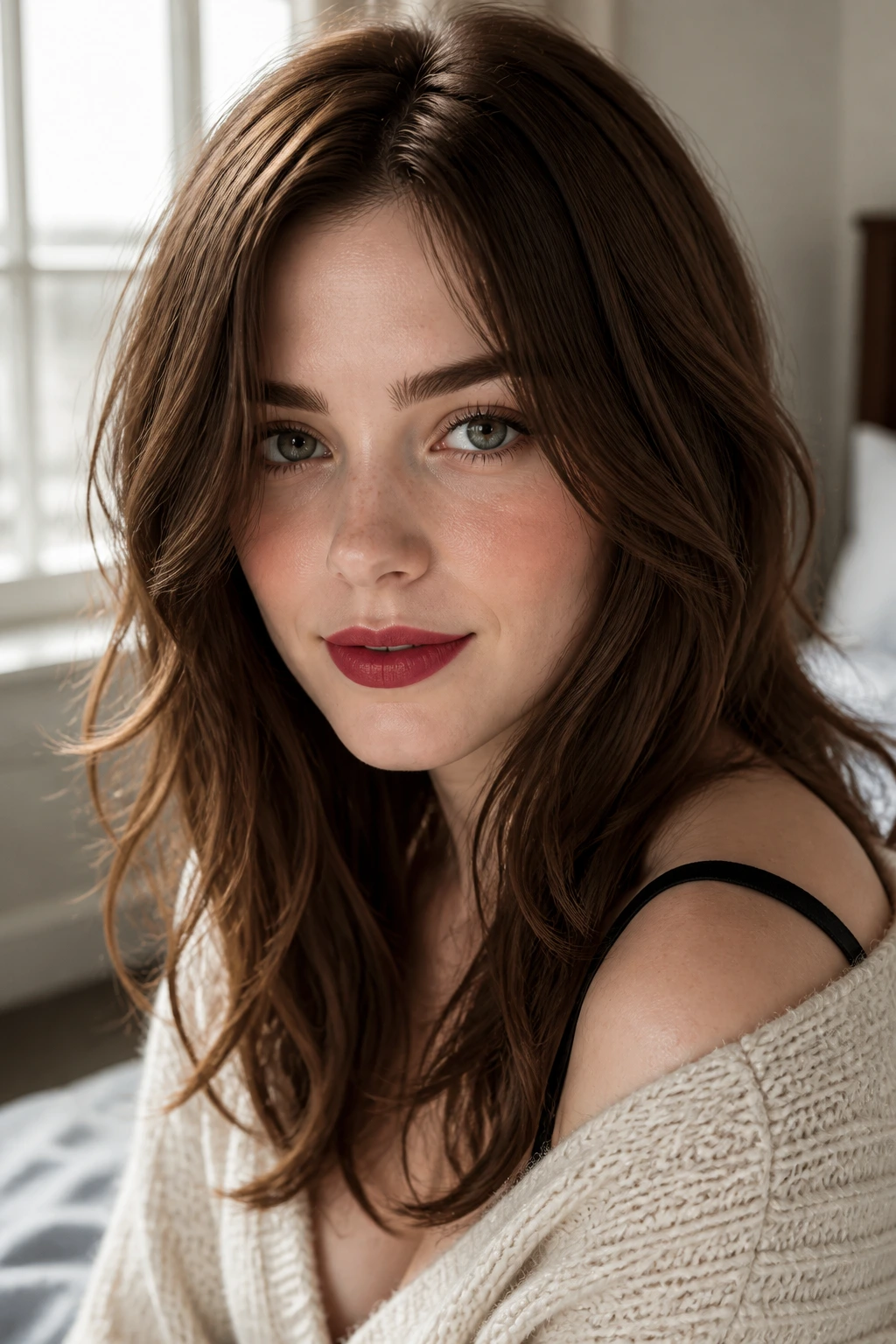 Close-up portrait of a woman with medium brunette hair framing pale skin, soft contrast