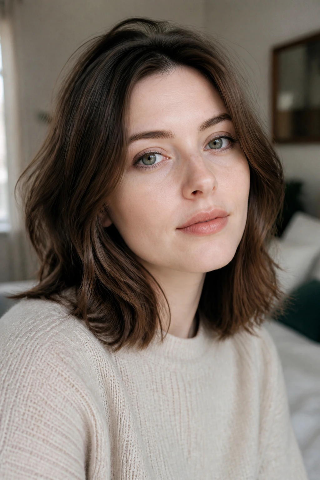 Close-up of a real person with medium brunette hair on fair skin