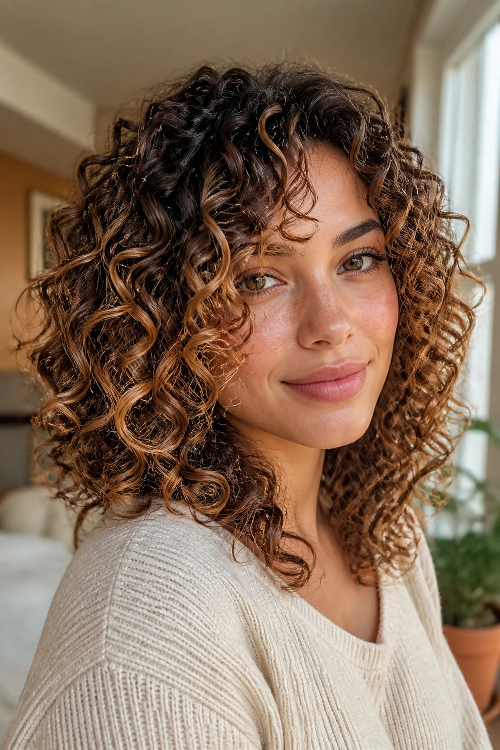 Close-up of medium-length curls with caramel highlights on a real person
