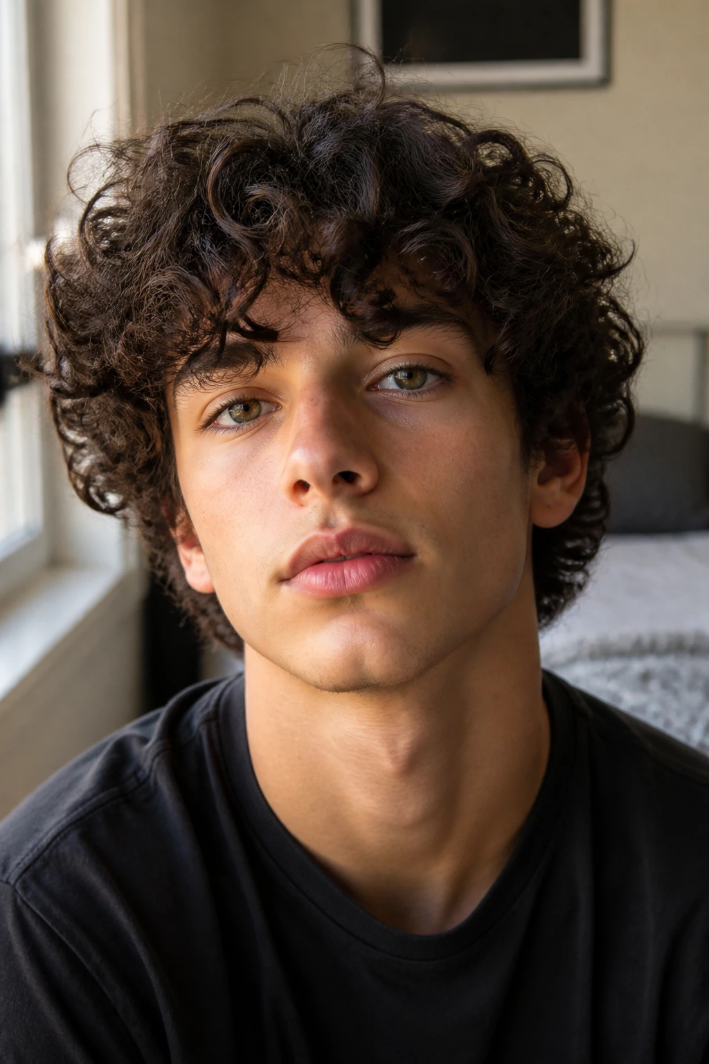 Close-up portrait of a boy with a medium-length curly haircut in natural window light