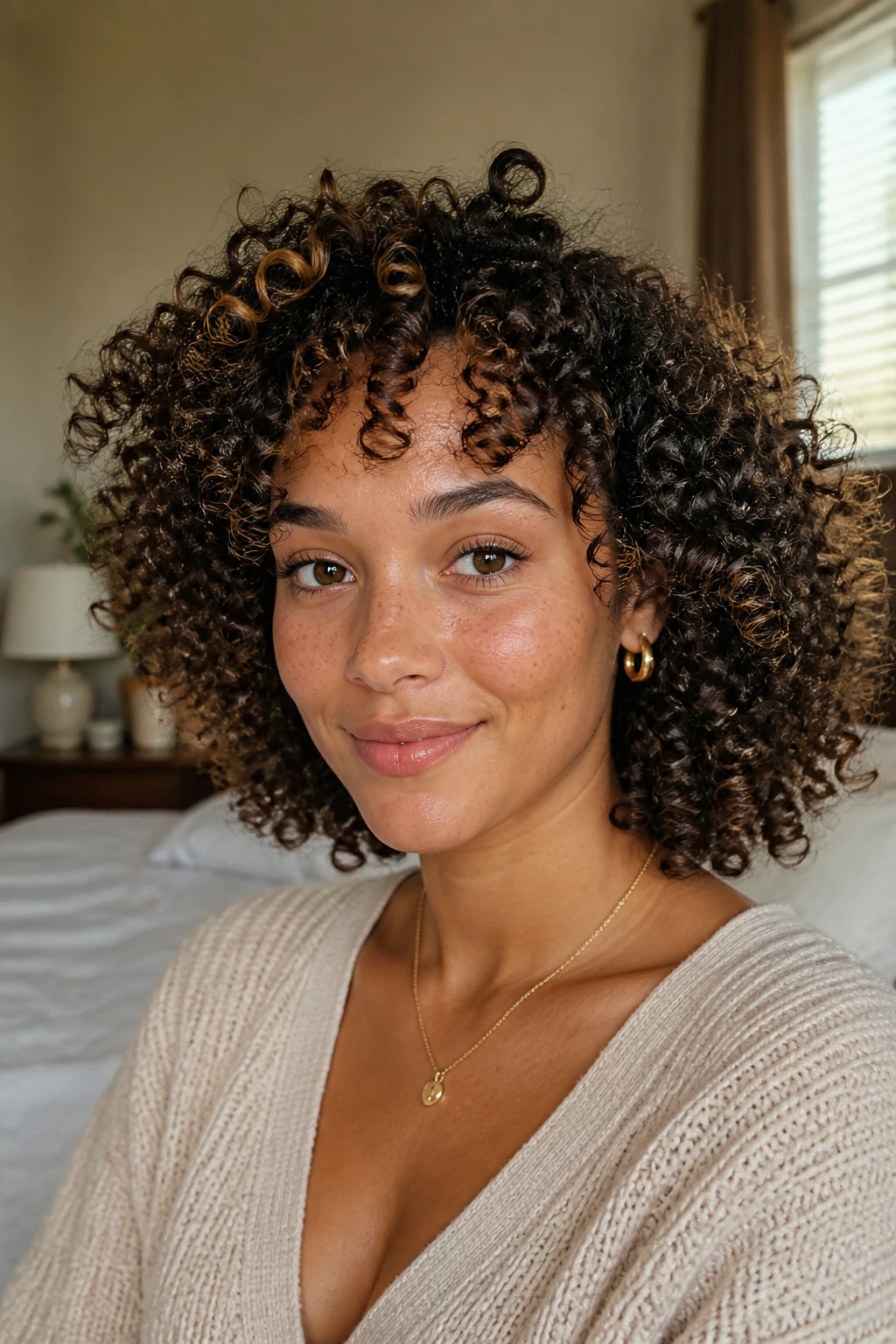Close-up portrait of a real person with medium curly hair showing balanced crown, sides, and ends in a cozy bedroom.