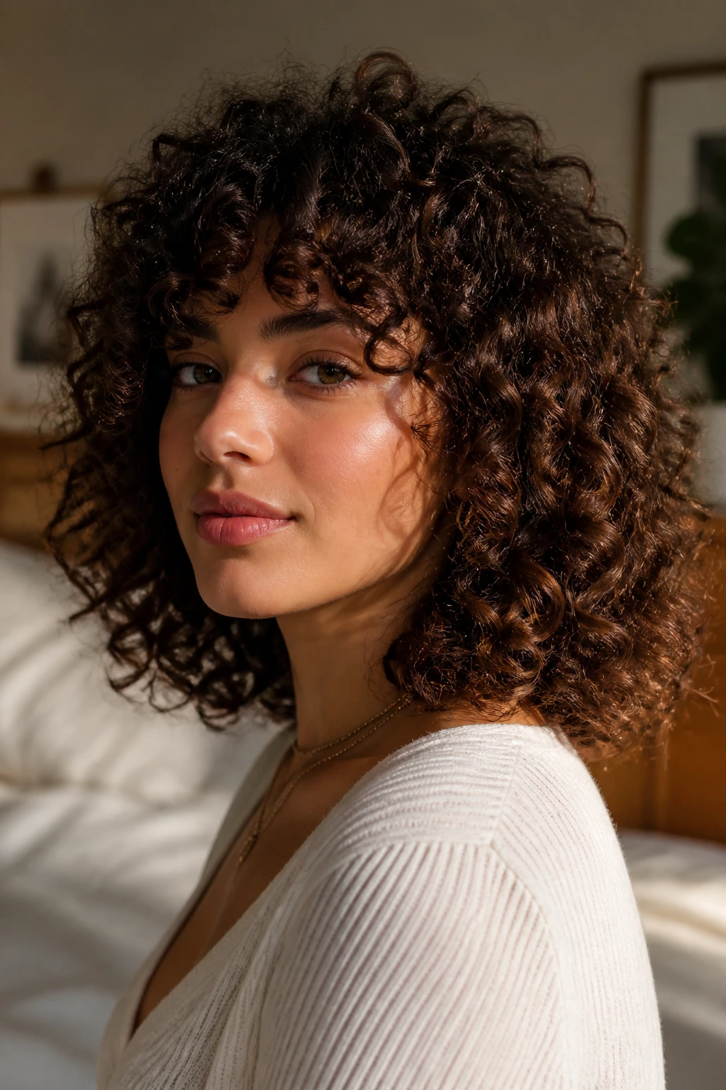 Close-up portrait of a real person with shoulder-grazing medium curls in warm natural light