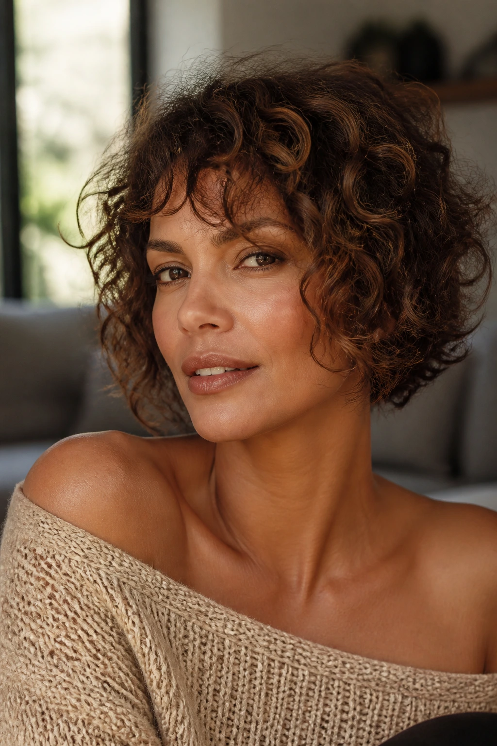 Close-up portrait of a real woman with medium curls framing her face, natural window light.