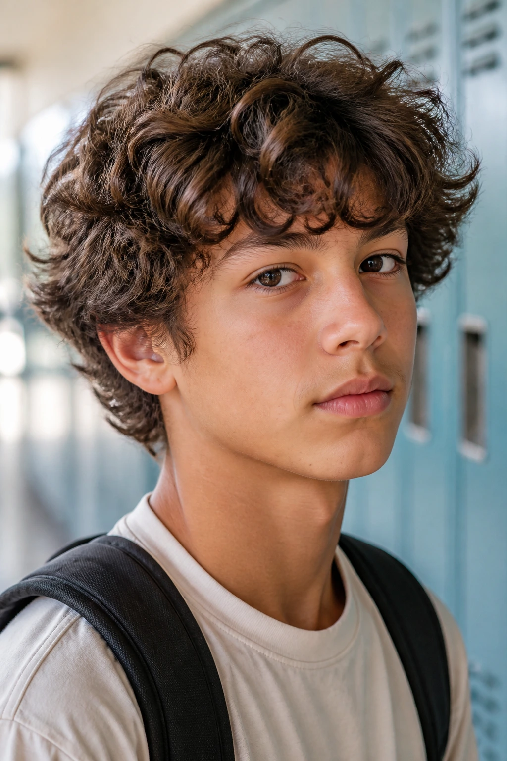 Close-up of a real boy with medium curly hairstyle that looks effortless