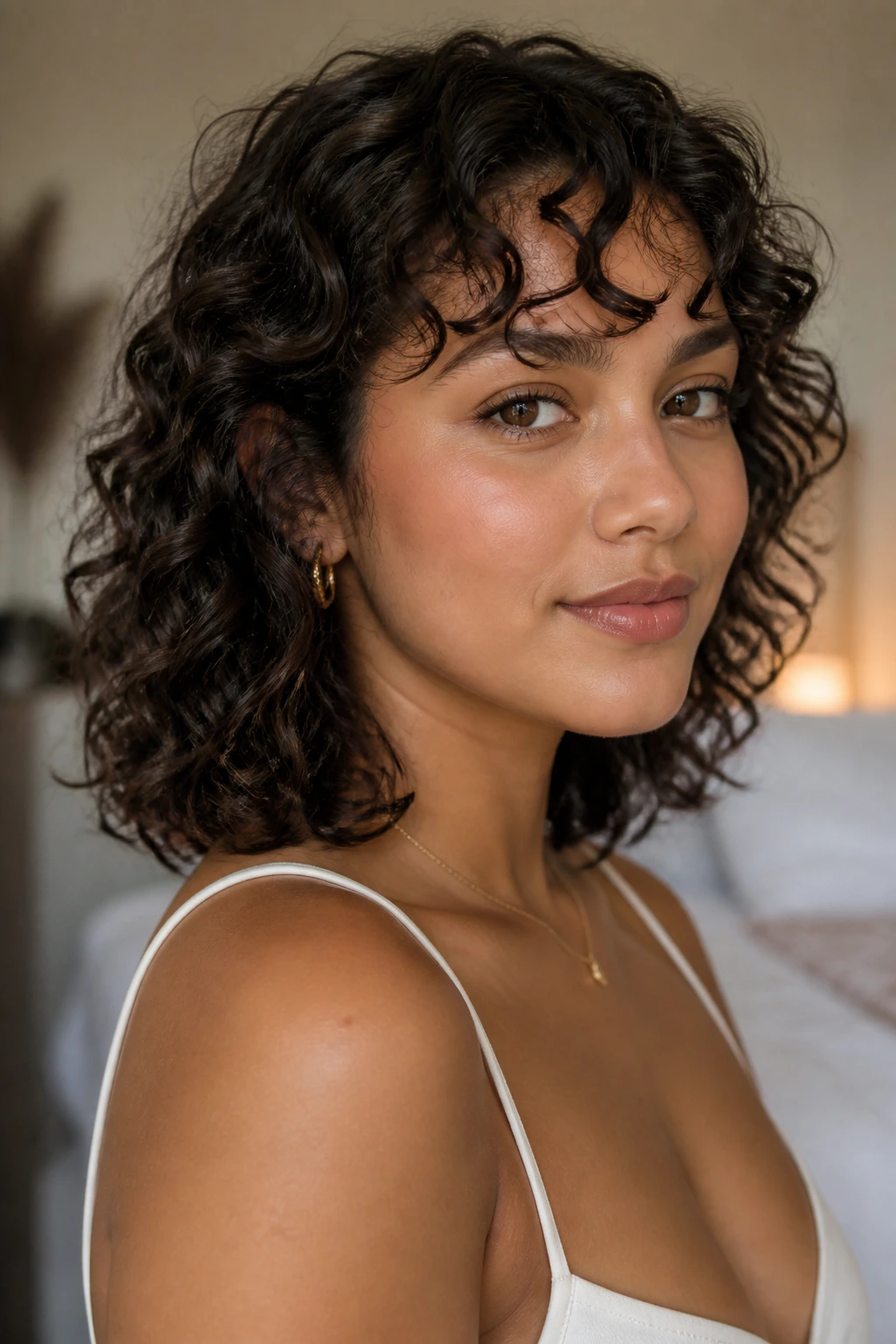 Shoulder-length medium curls with lift at roots and controlled ends on a real person