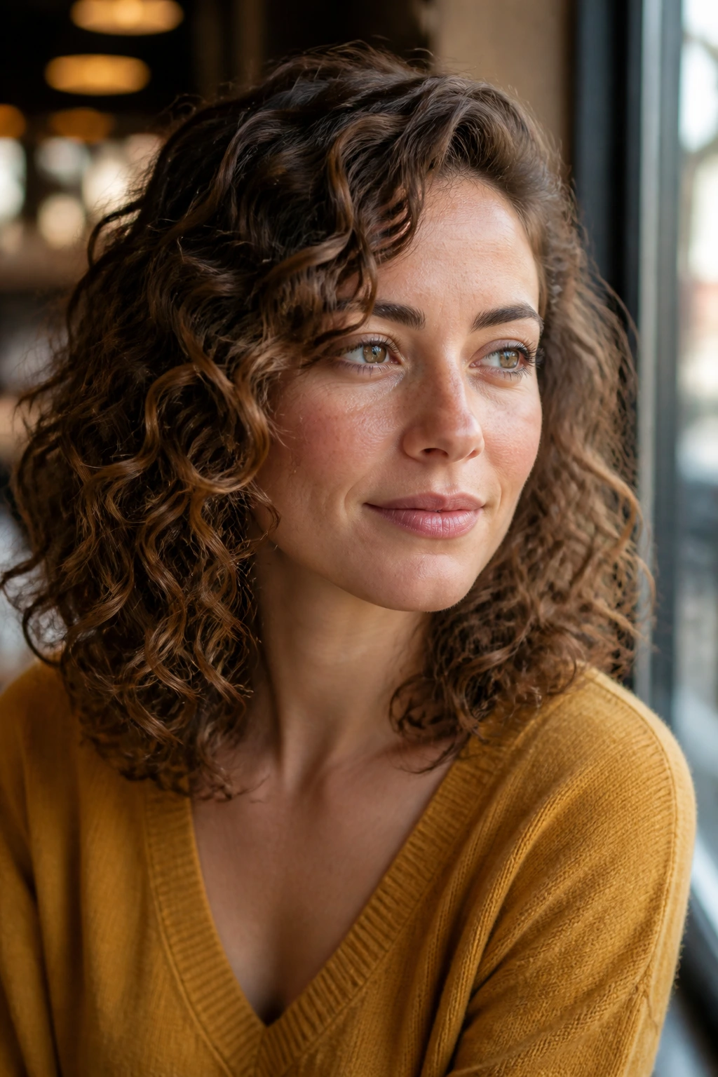 Close-up of a real person with medium-length curls and side part showing a flattering shape
